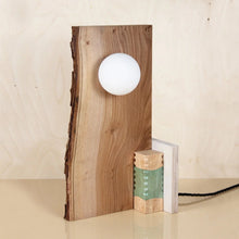 Load image into Gallery viewer, joining-bottles-wood-slice-lamp-wood-offcuts-plastic-bottles-micaella-pedros-the_home_of_sustainable_thinks
